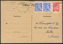 Obl. 4+6 - DOUAI. 1F.50 Obl. S/lettre Locale Frappée Du CàD De DOUAI Du 30 Octobre 1944 + 1F. Rouge Obl. S/carte Postale - Libération