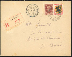 Obl. 2 - SAINT-NAZAIRE. 1F.50 Pétain Brun-rouge + Armoiries 5F. Flandres Surcharge ''LIBERATION'' S/lettre Locale Recomm - Bevrijding