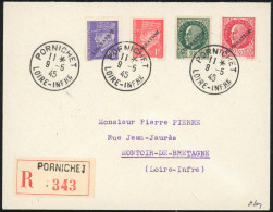 Obl. 2x4 - SAINT-NAZAIRE. 60c. Violet + 1F. Rouge + 2F. Vert + 2F.40 Rouge Obl. S/lettre Recommandée Frappée Du CàD De P - Bevrijding