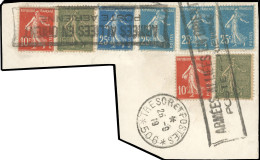 Obl. 10c. Semeuse X 2 + 15c. Semeuse Lignée X 2 + 25c. Semeuse X 4 Obl. S/grand Fragment Frappé Du Grand Cachet Encadré  - Guerre (timbres De)