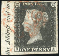 Obl. SG#1 - 1 Penny Black. Letter K-A. Sheet Border With Marginal Inscription. Example Obl. With Red Maltese Cross. SUP. - Altri & Non Classificati