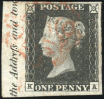 Obl. SG#1 - 1 Penny Black. Letter K-A. Sheet Border With Marginal Inscription. Example Obl. With Red Maltese Cross. SUP. - Other & Unclassified
