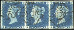 Obl. SG#5-DS6 - 1840. 2d. Deep Full Blue. Plate 2. Wmk. Small Crown. Imperf. Strip Of Three Lettered I-C I-D I-E With La - Autres & Non Classés