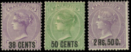 * SG#89/91 - 38c. On 9d. Pale Violet + 50c. On 1s. Green + 2r.50 On 5s. Bright Mauve. VF. - Mauritius (...-1967)