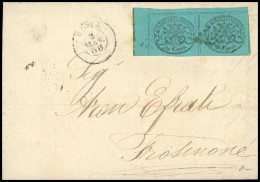 Obl. 14 - Paire Du 5c. Bleu-vert, Coin De Feuille Obl. S/lettre Frappée Du CàD De ROME Du 2 Mars 1869 à Destination De F - Kerkelijke Staten