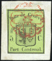 Obl. Zu#5 - 5c. De GENEVE Noir S/vert. Petit Aigle. Obl. Rosette Rouge S/petit Fragment. TB. - Autres & Non Classés