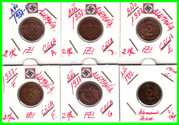 GERMANY - ALEMANIA DEUTFCHES REICH SERIE DE 6 MONEDAS DE 0.02 REICHSPFENNIG AÑO 1937 – KM 90 ( SERIE COMPLETA 6 CECAS ) - 2 Reichspfennig