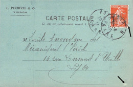 Timbre 10c.rouge Semeuse Perforé Sur Carte Postale Commerciale Privée L.Permezel à Voiron Isère 1911 + Facture - Brieven En Documenten