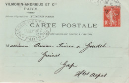 FRANCE - N° 134  SEMEUSE  PERFORE VILMORIN ANDRIEUX ET CIE  SUR CARTE - Storia Postale