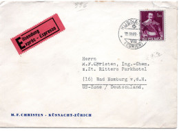72405 - Schweiz - 1949 - Fr.1,20 Jenatsch EF A EilBf KUESNACHT -> BAD HOMBURG (Westdeutschland) - Lettres & Documents