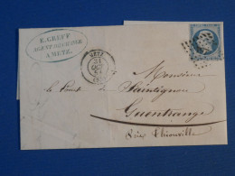 DF15  FRANCE  BELLE LETTRE  RR 1854  METZ AU CHATEAU DE  GUENTRANGE.LE COMTE DE SAINTIGNON + N°14 + AFF.  INTERESSANT++ - 1853-1860 Napoleon III