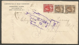 1919 Registered Cover 8c Admirals Split Ring Hollyburn BC To Vancouver Returned - Postgeschichte