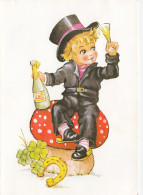 Chimney Sweep Sitting On Mushroom Horseshoe Clover Shamrock Champagne Wine Postcard - Mushrooms