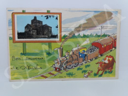 #CPA874 -  Bonjour De Matha Illustration De Jean De Pressac Couleur Train Vache Chien Locomotive - Matha