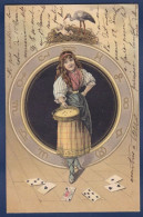 CPA Jeu De Cartes Carte à Jouer Circulé Femme Woman Art Nouveau Cigogne - Cartes à Jouer