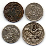 NEW ZEALAND, Set Of Four Coins 2, 5, 5, 10 Cents, Bronze, Copper-Nickel, Year 1974, 1987, KM # 32.1, 34.1, 60, 41.1 - Neuseeland