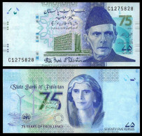 2023 Pakistan 75 Rupees "Commemorative -75 Years State Bank Of Pakistan" Watermark - Quaid E Azam Portrait UNC (**) - Pakistán