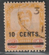 MALAYSIA - JOHORE - N°38 Obl (1903-04) 10c Sur 4 Cents Jaune Et Rouge-brun - Johore