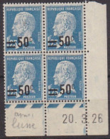 C Bloc De 4 Coin Daté 20.3.26 TP N° 222 Pasteur 50c Sur 1f25 Bleu, Petit Anneau De Lune, Neuf ** - Nuovi