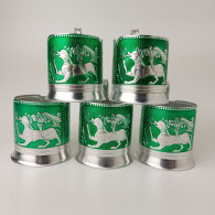 Vintage Soviet Russian Set Of 5 Podstakannik Tea Cup Holders USSR Enamel #5416 - Kopjes