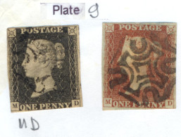 Ua813: Matched Pair: Black Penny + Red Penny :  Plate 9  : K__H - Oblitérés