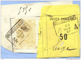 _V850: BRUXELLES-MIDI 4 __A  25 NOV 87  >  Liège: SP12/ Fragment Met  " étiquette " : PETITS PAQUETS:50: - Documentos & Fragmentos