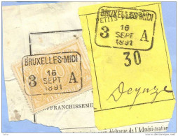 _V845: BRUXELLES-MIDI 3 __A  16 SEPT 1891  >  Deynze: SP12/ Fragment Met  " étiquette " : PETITS PAQUETS:30: - Documenten & Fragmenten