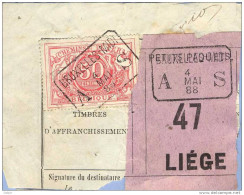 _V872: BRUXELLES-MIDI  A__S  4 MAI 88 > LIEGE: SP11/ Fragm.  " étiquette "  PETITS PAQUETS : N° 47: - Documentos & Fragmentos