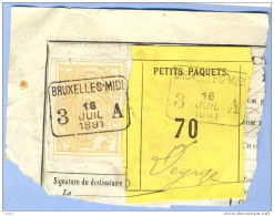 _V856: BRUXELLES-MIDI 3 __A  16 JUIL 1891  >  Deynze: SP12/ Fragment Met  " étiquette " : PETITS PAQUETS:70: - Documenten & Fragmenten