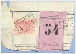 _V881: Aywaille: SP11/ Fragment Met  " étiquette "  PETITS PAQUETS : N° 54:  BRUXELLES-MIDI  A__E   27 SEPT 1881 > - Documentos & Fragmentos