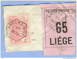 _V915:  ANVERS(EST)  > LIEGE: SP11/ Fragment PETITS PAQUETS Met  " étiquette " : N° 65 : Type Be_J2: - Documentos & Fragmentos