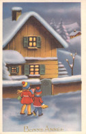 FANTAISIE - Bonne Année - Nouvel An - Enfants Devant Un Chalet - Carte Postale Ancienne - Año Nuevo