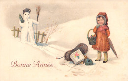 FANTAISIE - Bonne Année - Nouvel An - Enfant Et Bonhomme De Neige - Carte Postale Ancienne - Nouvel An