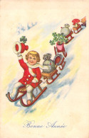 FANTAISIE - Bonne Année - Nouvel An - Enfant En Rouge Sur Une Luge - Carte Postale Ancienne - Nouvel An