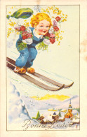 FANTAISIE - Bonne Année - Nouvel An - Enfant Sur Des Skis Et Fleurs  - Carte Postale Ancienne - Año Nuevo