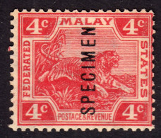 FMS 1923 4c Carmine Red Specimen SG59S Unmounted Mint - Federated Malay States
