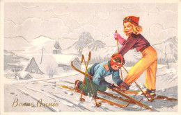 FANTAISIE - Bonne Année - Nouvel An - Enfants Sur Des Skis  - Carte Postale Ancienne - Nouvel An