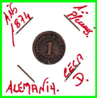 ALEMANIA – GERMANY - IMPERIO MONEDA DE COBRE DIAMETRO 17.5 Mm. DEL AÑO 1874 – CECA-A - KM-1  GOBERNANTE: GUILLERMO I - 1 Pfennig