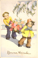 FANTAISIE - Bonne Année - Nouvel An - Enfants Avec Gros Bouquet De Fleurs - Carte Postale Ancienne - Nouvel An