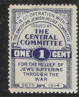 1914 WWI  VIGNETTE  ERA USA CINDERELLA THE AMERICAN JEWISH RELIEF COMMITTEE RELIEF OF JEWS SUFFERING IN THE WAR  RARE - Erinnofilia