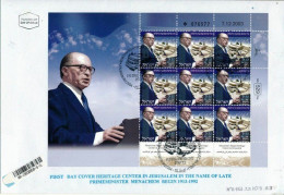 ISRAEL 2004 PRIME MINISTER MENACHEM BEGIN MEMORIAL 9 STAMP SHEET FDC - Briefe U. Dokumente