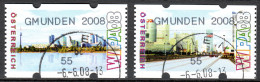 MiNr. ATM 12 + 13  A, Eindruck: „GMUNDEN 2008“; Intern. Briefmarkenausstellung WIPA 2008, Wien: Stadtansichten; Gest. - Automatenmarken [ATM]