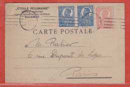 ROUMANIE CARTE INDUSTRIE PETROLIERE DE 1921 DE BUCAREST POUR PARIS FRANCE - Poststempel (Marcophilie)