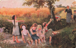 ARTS - Peintures Et Tableaux - Des Enfant Assis Sur Une Planche, Les Pieds Dans Dans L'eau - Carte Postale Ancienne - Malerei & Gemälde