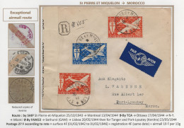 PANAM St Pierre Miquelon Lettre 1944 PAR AVION PA FRANCE LIBRE MAROC Port Lyautey MONTREAL TCA Miami Lisbonne Tanger - Lettres & Documents