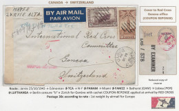 PANAM CANADA Jarvie Alberta 1943 Lettre Par Avion SWITZERLAND Geneva COUPON REPONSE Red Cross Office Croix Rouge DB/578 - Luchtpost