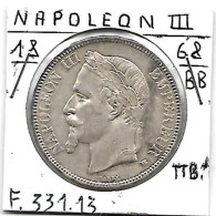 FRANCE NAPOLEON III  5 Francs Argent # 331 ,tête Laurée , 1868 BB  , TTB+ - 5 Francs