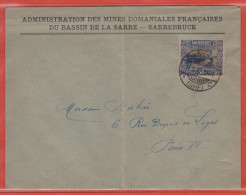 SARRE LETTRE ADMINISTRATION DES MINES DE 1922 DE SARREBRUCK POUR PARIS FRANCE - Altri & Non Classificati