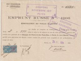 1906 Emprunt RUSSE 5 % - Action & Titres -Renouvellement Feuilles Coupons Nov 17- Paris 1925- Timbre Fiscal 25 C Perforé - Russie