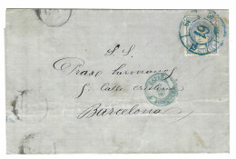 1870 - Lettre De LA JUNQUERA Affr. 50 Mill.  Oblit. Roue N°61 BLEU  Pour Barcelona - Covers & Documents